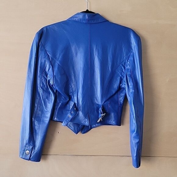 VTG Michael Hoban North Beach XS S 80s Blue Leather Jacket Cropped Peplum Moto - Picture 10 of 15